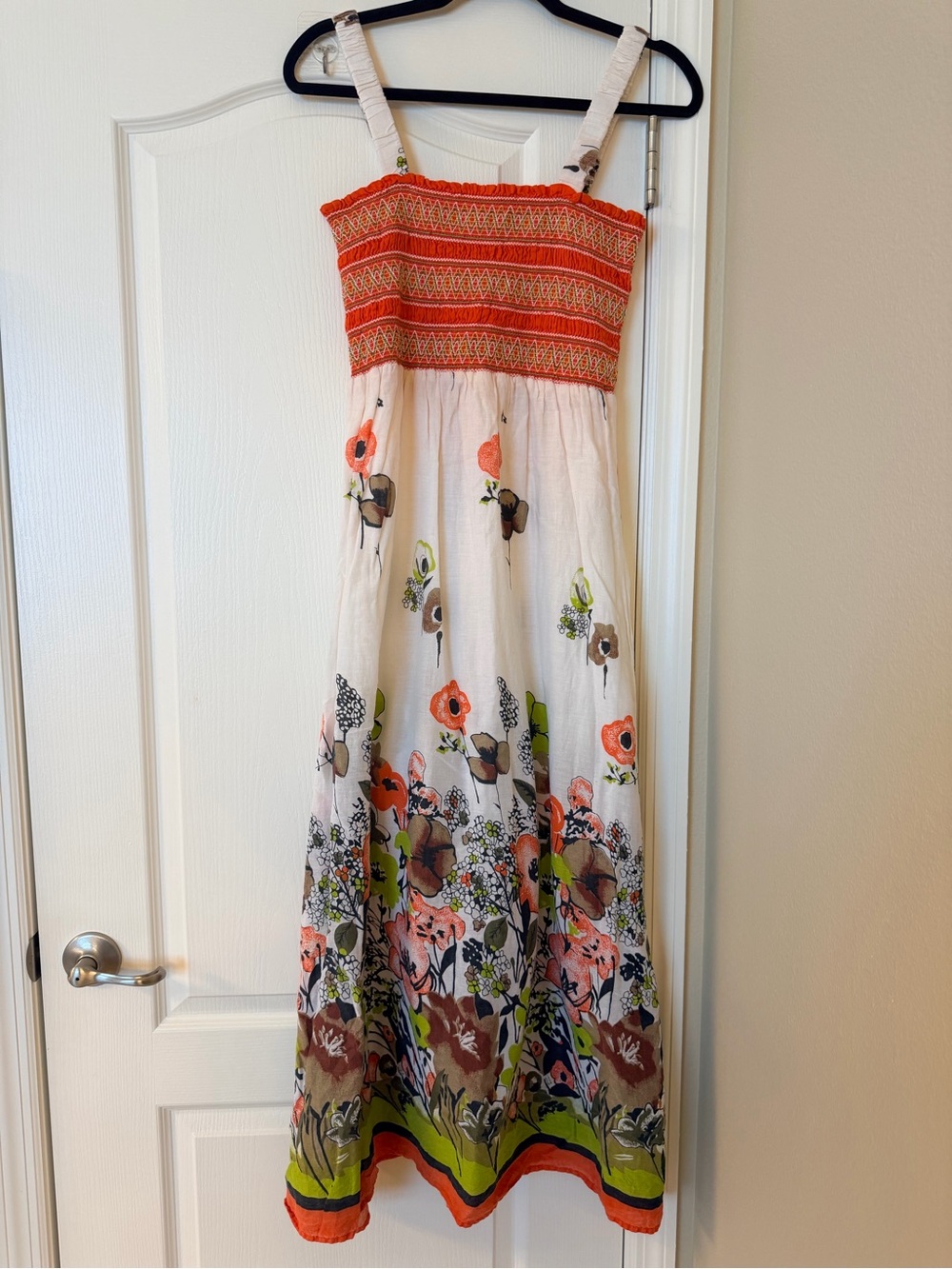 100% Cotton Magic Floral Maxi Dress in Orange, Green, Brown on Cream -C-
